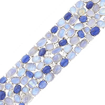 Lot 48 - Wide White Gold, Cabochon Kyanite, Moonstone and Diamond Bracelet