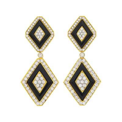 Lot 1136 - Pair of Two-Color Gold, Black Onyx and Diamond Pendant-Earrings