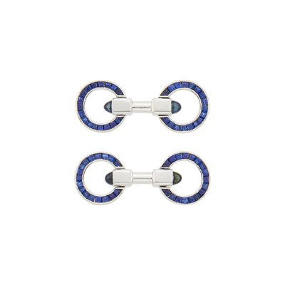 Lot 75 - Pair of Platinum, Sapphire and Cabochon Sapphire Cufflinks