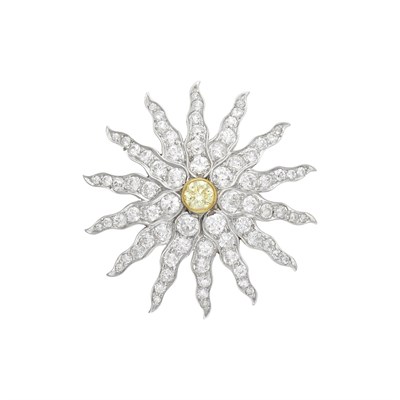 Lot 153 - Antique Platinum, Gold, Colored Diamond and Diamond Starburst Pendant-Brooch