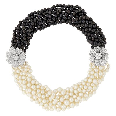 Lot 38 - Multistrand White and Dyed Black Cultured Pearl, White Gold and Diamond Flower Torsade Necklace/Bracelets/Pins Combination