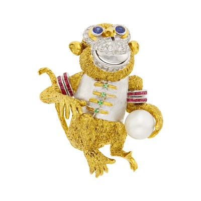 Lot 128 - Two-Color Gold, Diamond, Gem-Set and Cultured Pearl Circus Monkey Brooch