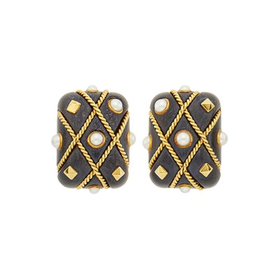 Lot 97 - Seaman Schepps Pair of Gold, Ebony and Split Pearl Earclips