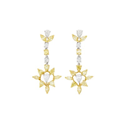Lot 1118 - Pair of Two-Color Gold, Colored Diamond and Diamond Pendant-Earrings