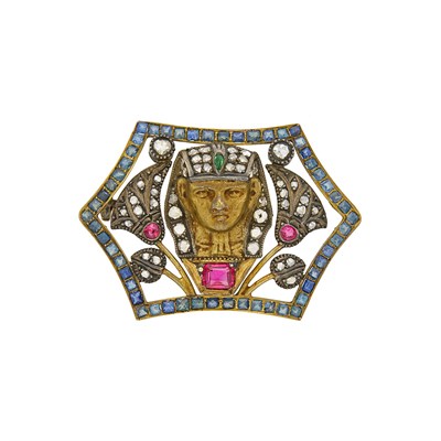 Lot 64 - Egyptian Revival Gold, Silver, Diamond and Gem-Set Pharaoh Brooch
