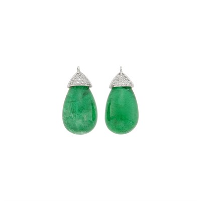 Lot 154 - Pair of White Gold, Cabochon Emerald and Diamond Ear Pendants