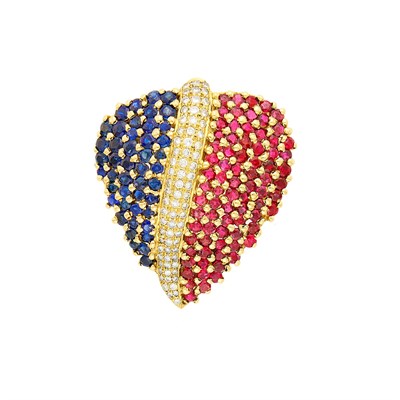 Lot 1276 - Gold, Ruby, Sapphire and Diamond Leaf Pendant
