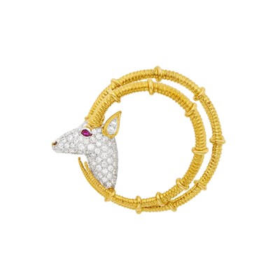 Lot 39 - Tiffany & Co., Schlumberger Gold, Platinum, Diamond and Ruby 'Ibex' Brooch