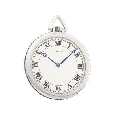 Lot 250 - European Watch & Clock Co. Platinum and Sapphire Open Face Pocket Watch, Retailed by Cartier, France