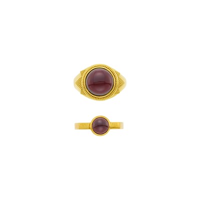 Lot 211 - Two Gold and Cabochon Garnet Rings