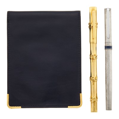 Lot 219 - Tiffany & Co. Gold Pen Holder and Silver Pen and Mark Cross Black Leather and Gold Wallet