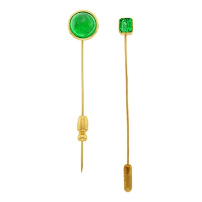 Lot 214 - Gold and Emerald Stick Pin and Gold and Cabochon Emerald Stick Pin