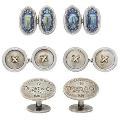 Lot 247 - Tiffany & Co. Three Pairs of Silver, Gold and Beetle Cufflinks