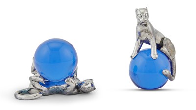Lot 150 - Two Cartier Panthere Silver and Glass Table Ornaments