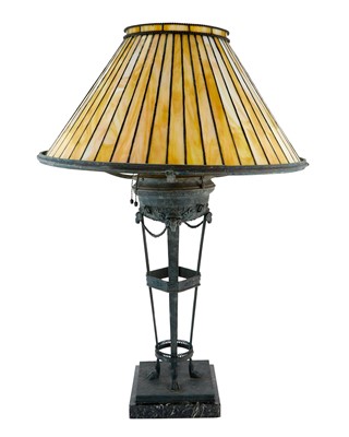 Lot 88 - Neoclassical Style Patinated Metal and Leaded Slag Glass Fluid Table Lamp