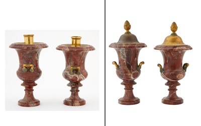 Lot 73 - Pair of Napoleon III Style Gilt-Metal Mounted Marble Cassolettes/Candlesticks