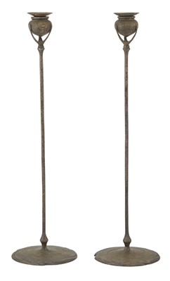 Lot 94 - Pair of Tiffany Studios Silvered Bronze Candlesticks