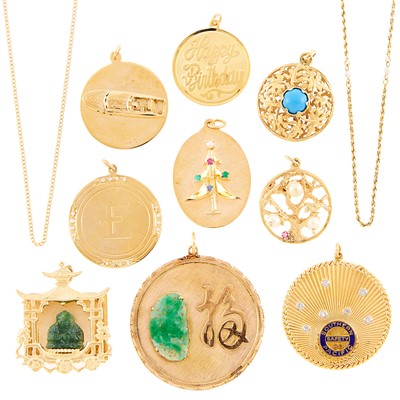 Lot 1214 - Nine Gold, Diamond and Gem-Set Charms and Two Chain Necklaces