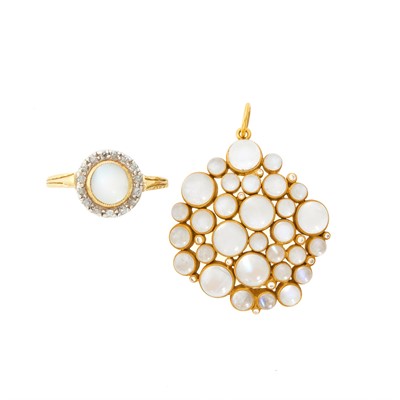 Lot 1125 - Gold, Platinum, Moonstone and Diamond Ring and Pendant