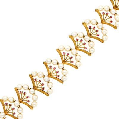 Lot 1197 - Gold, Cultured Pearl and Ruby Bracelet