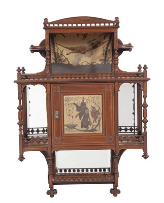 Lot 95 - Aesthetic Movement Mahogany Mirror and Painted Canvas Inset Hanging Shelf