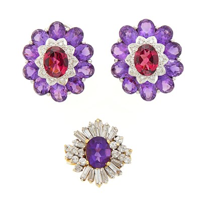 Lot 1270 - Pair of White Gold, Garnet, Amethyst and Diamond Earrings and Two-Color Gold, Amethyst and Diamond Ring