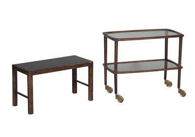 Lot 5025 - Bette Midler: Walnut Stained Wood and Glass Coffee Table and a Dark Stained Wood and Glass Bar Cart