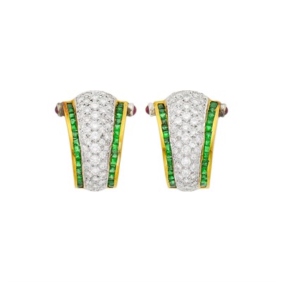 Lot 25 - Pair of Two-Color Gold, Diamond, Emerald and Cabochon Ruby Earclips