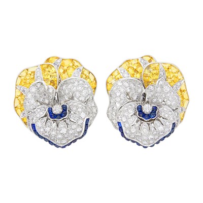 Lot 138 - Pair of White Gold, Multicolored Sapphire and Diamond Pansy Earclips