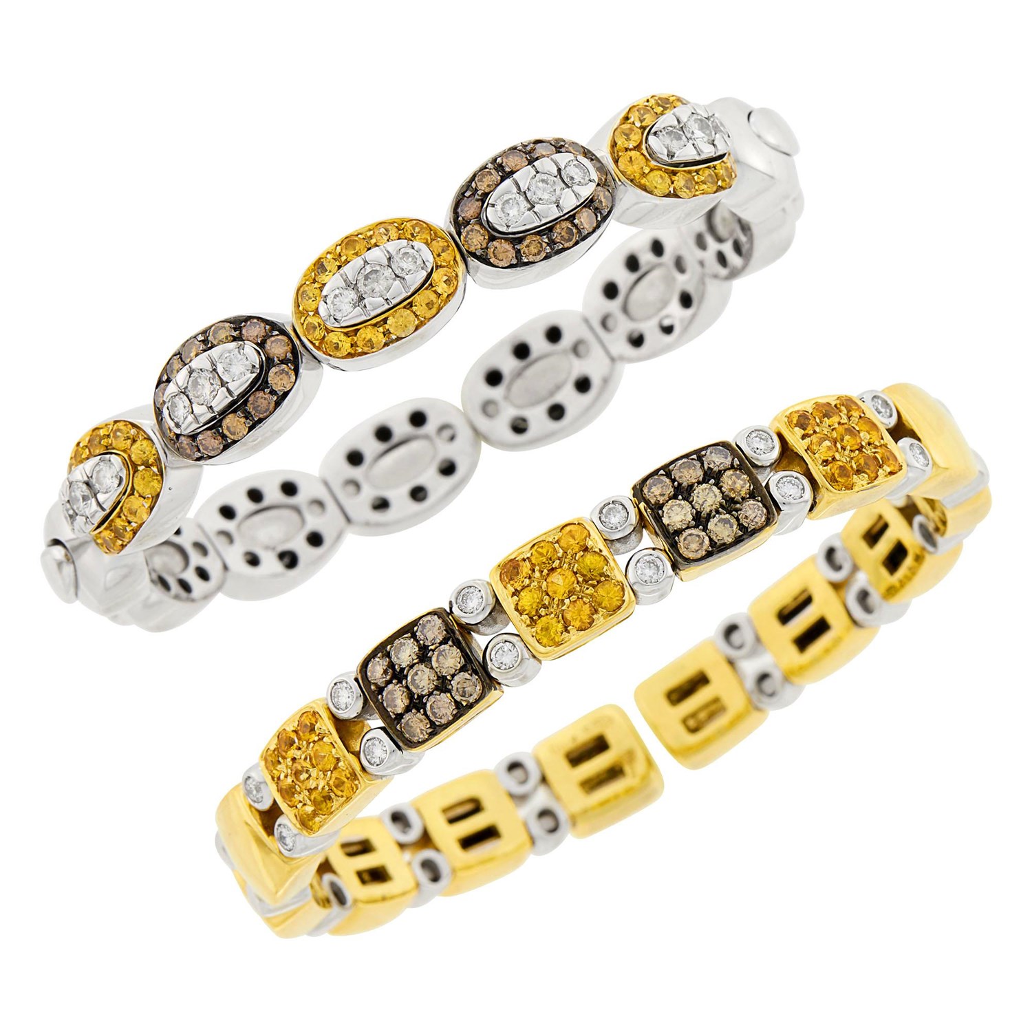 Lot 24 - Two Tricolor Gold, Steel, Diamond, Colored Diamond and Yellow Sapphire Bangle Bracelets