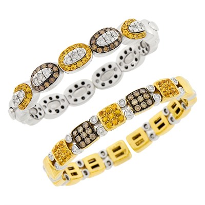 Lot 24 - Two Tricolor Gold, Steel, Diamond, Colored Diamond and Yellow Sapphire Bangle Bracelets