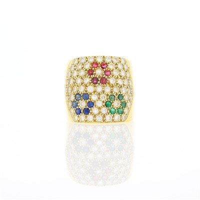 Lot 1283 - Wide Gold, Diamond and Colored Stone Ring