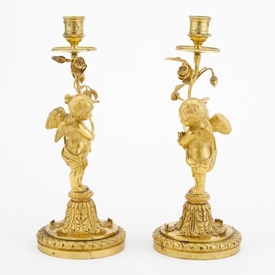 Lot 137 - Pair of Louis XVI Style Gilt-Bronze Figural Candlesticks