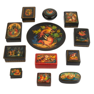 Lot 140 - Group of Twelve Soviet Lacquered Papier Mâché Covered Boxes with Dish