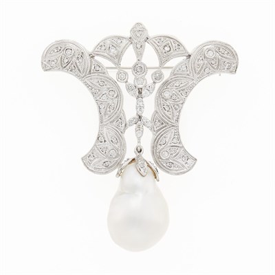 Lot 1126 - White Gold, South Sea Baroque Cultured Pearl and Diamond Brooch