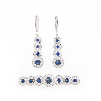 Lot 1133 - White Gold, Sapphire and Diamond Bar Brooch and Pair of Pendant-Earrings