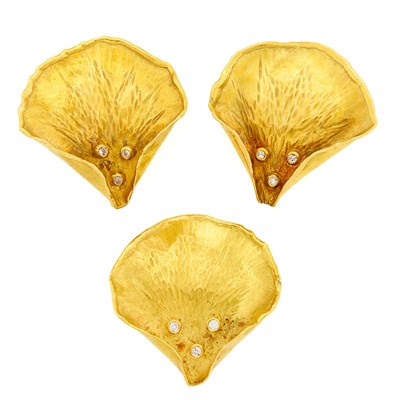 Lot 1210 - Pair of Gold and Diamond Petal Earrings and Pin