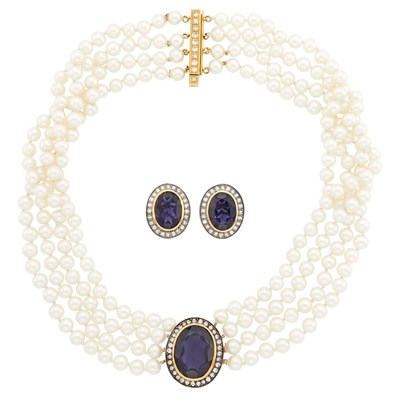 Lot 1245 - Four Strand Cultured Pearl, Silver, Gold, Iolite and Diamond Choker Necklace and Pair of Earrings