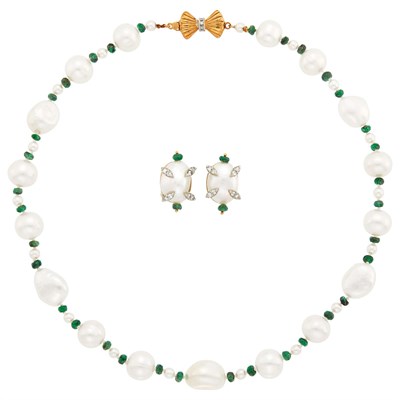 Lot 1182 - Baroque Freshwater Pearl, Emerald Bead and Diamond Necklace and Pair of Earrings