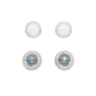 Lot 1138 - Pair of White Gold, Cultured Pearl and Diamond Stud Earrings and Black Pearl and Diamond Stud Earrings
