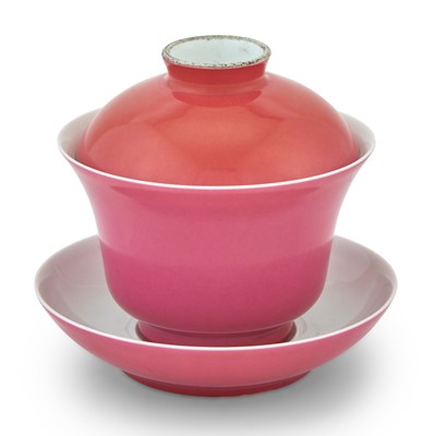 Lot 118 - Chinese Pink Monochrome Porcelain Tea Bowl and Cover with Stand