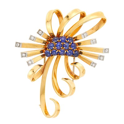 Lot 1205 - Attributed to Ruser Gold, Platinum, Cabochon Sapphire and Diamond Clip-Brooch