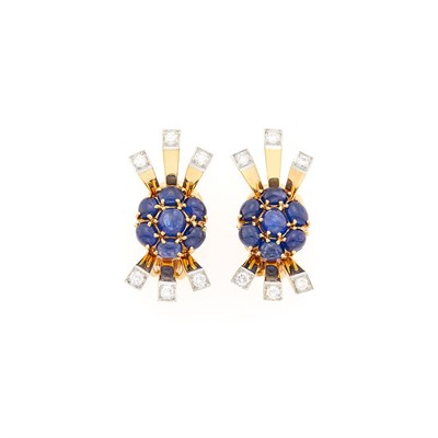 Lot 1204 - Attributed to Ruser Pair of Gold, Platinum, Cabochon Sapphire and Diamond Earclips
