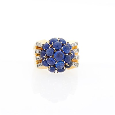 Lot 1206 - Attributed to Ruser Gold, Platinum, Cabochon Sapphire and Diamond Ring