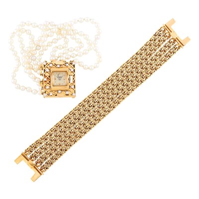 Lot 1195 - Ruser Gold and Diamond Watch/Brooch/Clasp with Interchangeable Cultured Pearl Swag/Bracelet and Gold Bracelet
