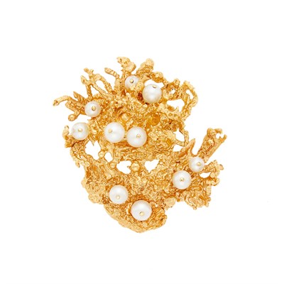 Lot 1214 - Ruser Textured Gold and Cultured Pearl Brooch