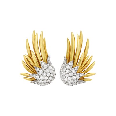 Lot 134 - Tiffany & Co., Schlumberger Pair of Gold, Platinum and Diamond 'Flame' Earclips
