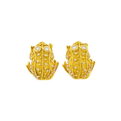 Lot 138 - Pair of Gold and Diamond Frog Clip-Brooches