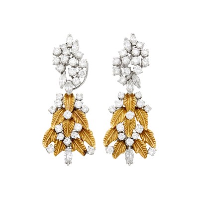Lot 129 - Pair of Platinum, Gold and Diamond Pendant-Earclips