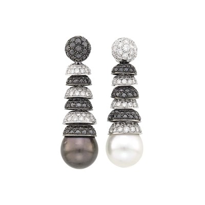 Lot 84 - Pair of White and Blackened Gold, Diamond, Black Diamond and Brown and White Cultured Pearl Pendant-Earclips